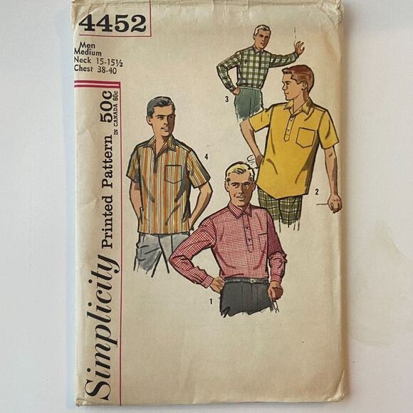 Simplicity 4452 Pattern Top Mens Medium Vintage Pocket Button Front Long Sleeve - Picture 2 of 6
